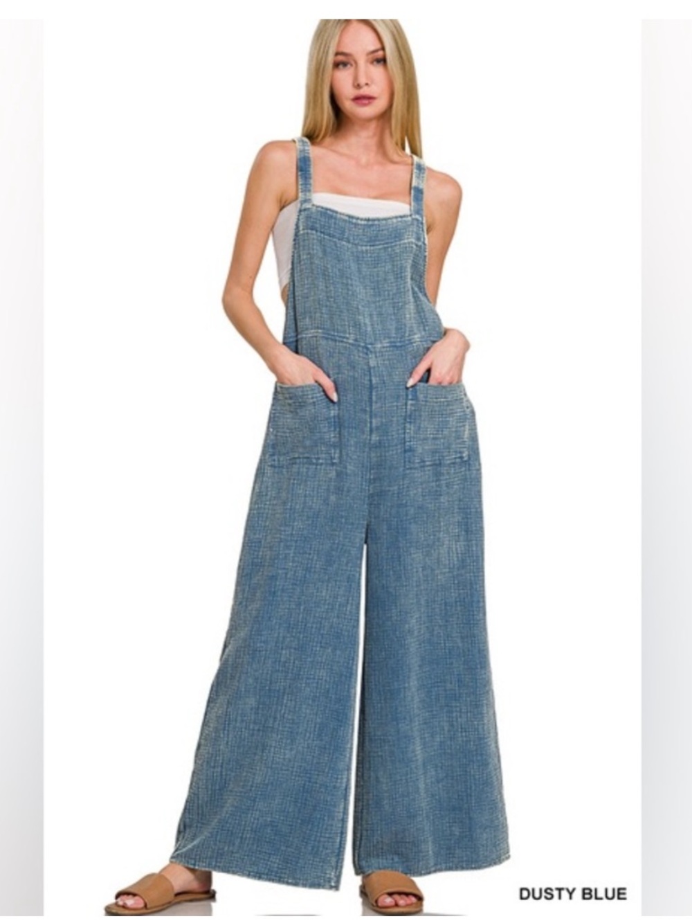 Zenana Wide-Leg acid wash Dusty Blue Guaze “Sunday Overalls”